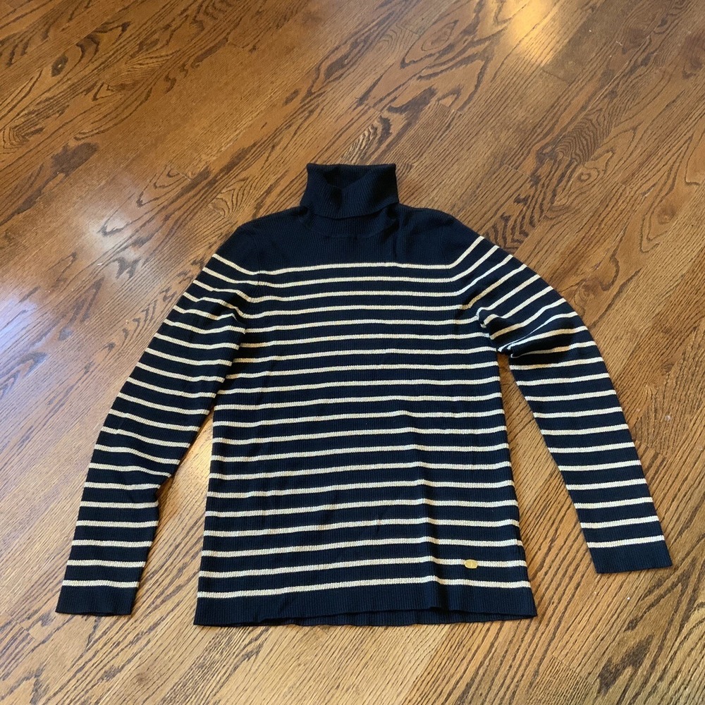 Ralph Lauren Turtleneck Sweater XL Black Gold Stripe Modal Old Money Luxury EUC